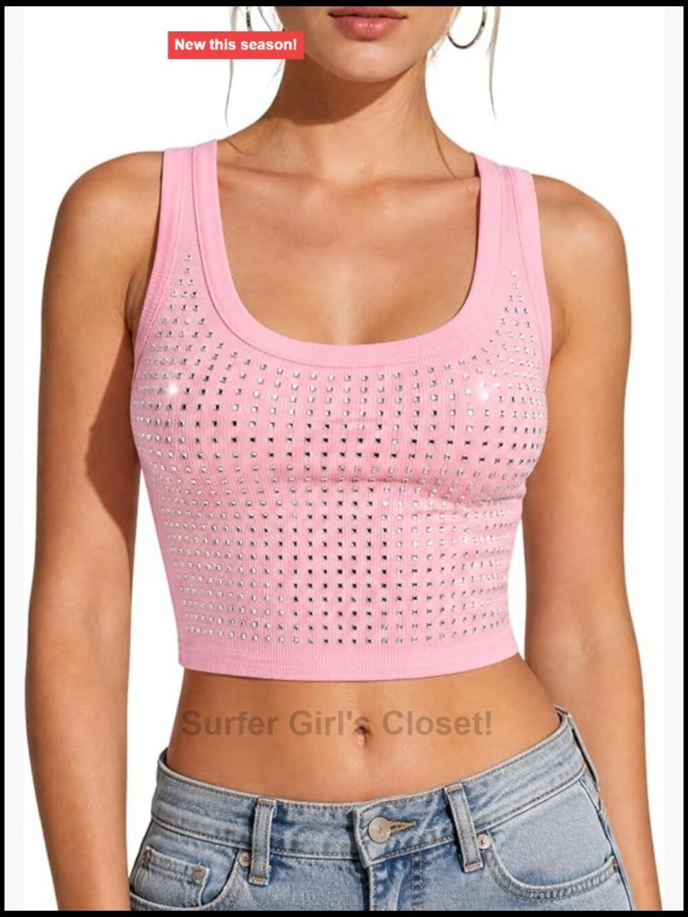Sparkly Rhinestone Crop Tank Top Y2K Going Out Stretchy Square Neck